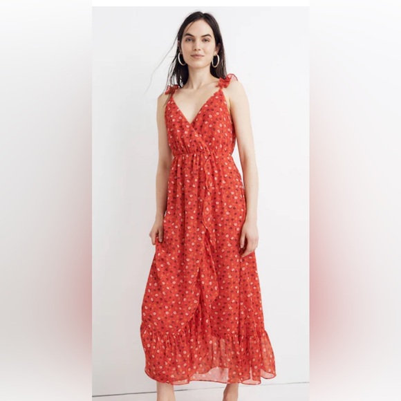 Madewell Dresses & Skirts - Madewell Ruffle Metallic striped prairie posies wrap dress Women’s Sz 4